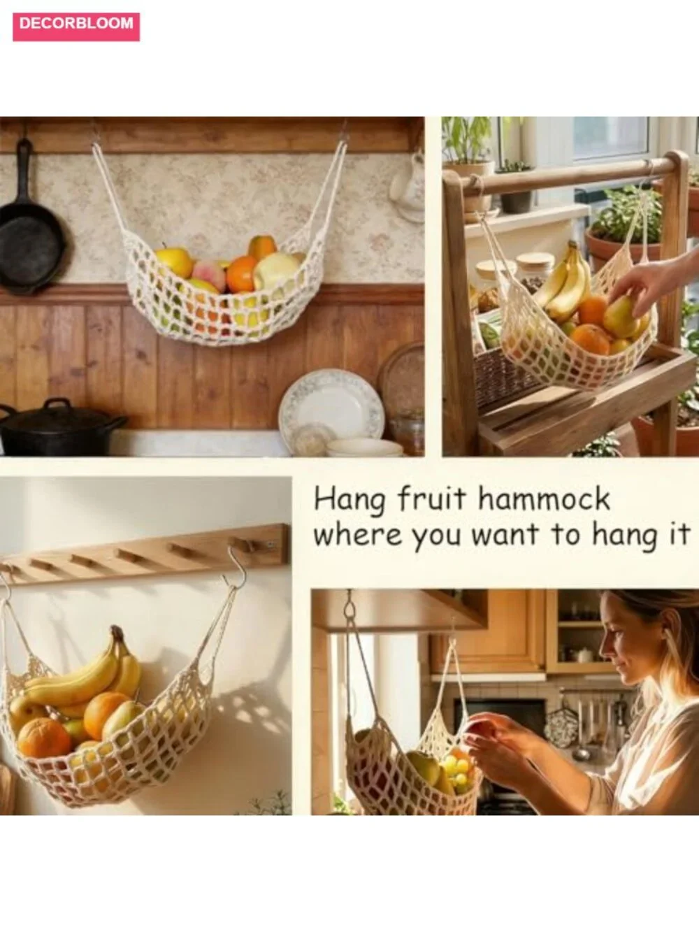 Premium Cotton Hanging Storage Net with Thickened Ropes for Fruit Veggie Kitchen